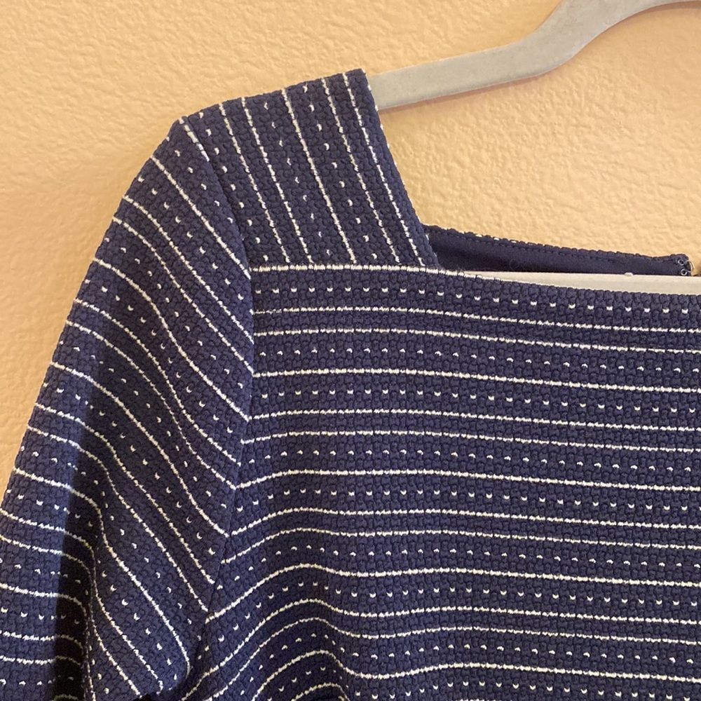 Loft Textured‎ Knit Blue White Striped Square Neck Shift Dress 3/4 Sleeves Sz S - Picture 5 of 10